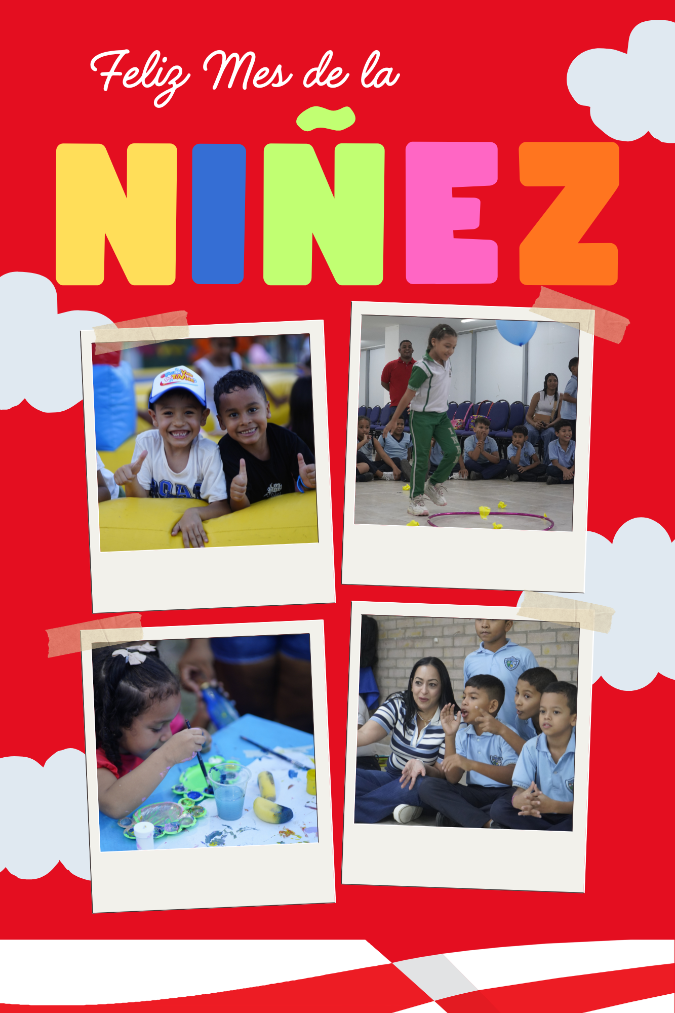 Collage de fotos con niñas, niños y adolescentes felices, dibujando y jugando ula ula; aparece también la Gerente de Capital Social, Karina Llanos con 4 niños portando  su uniforme colegial.