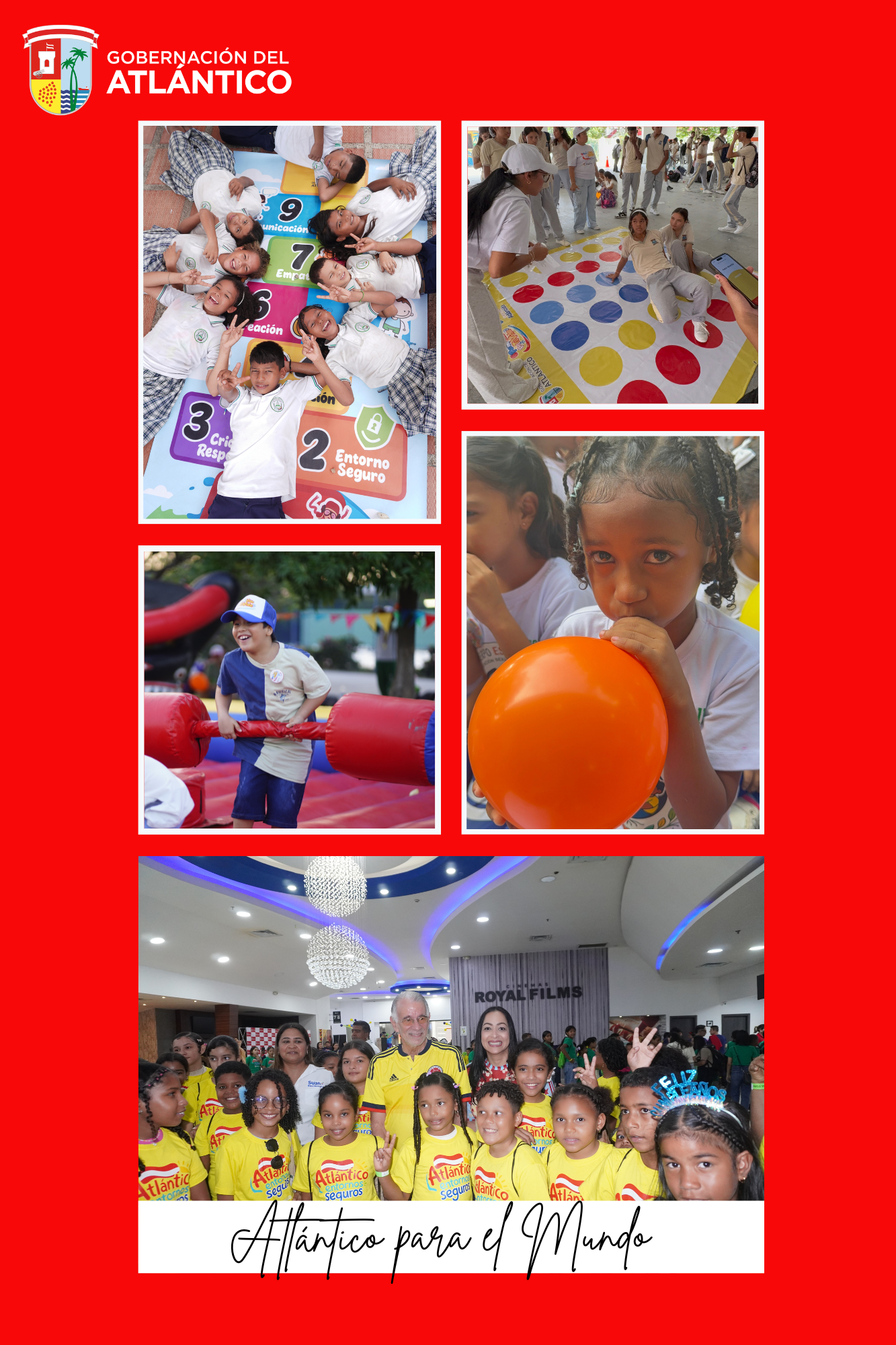 Collage de cinco fotos con niñas, niños y adolescentes divertiendose con globos, jugando peregrina y twister, aparece también el Gobernador del Atlántico Eduardo Verano y la Gerente de Capital Social Karina Llanos rodeados de niños y niñas con camisetas amarillas.