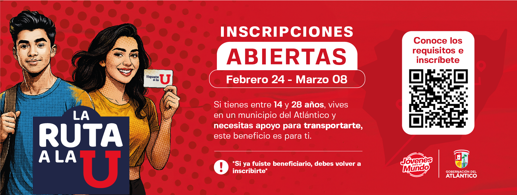Se muestra figura animada de 2 jóvenes, avisa que hay inscripciones abiertas del 24 de febrero al 8 de marzo al programa: “Ruta a la U", también aparece un código QR para conocer los requisitos e inscribirse.